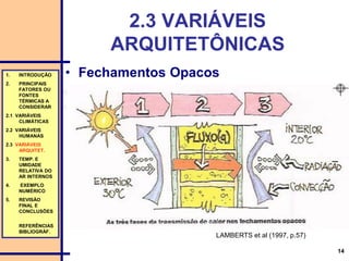 14
2.3 VARIÁVEIS
ARQUITETÔNICAS
• Fechamentos Opacos1. INTRODUÇÃO
2. PRINCIPAIS
FATORES OU
FONTES
TÉRMICAS A
CONSIDERAR
2.1 VARIÁVEIS
CLIMÁTICAS
2.2 VARIÁVEIS
HUMANAS
2.3 VARIÁVEIS
ARQUITET.
3. TEMP. E
UMIDADE
RELATIVA DO
AR INTERNOS
4. EXEMPLO
NUMÉRICO
5. REVISÃO
FINAL E
CONCLUSÕES
REFERÊNCIAS
BIBLIOGRÁF.
LAMBERTS et al (1997, p.57)
 