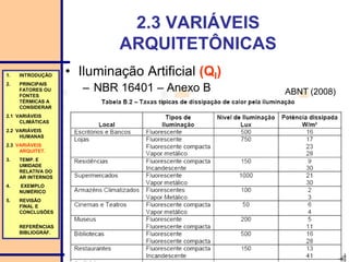 18
2.3 VARIÁVEIS
ARQUITETÔNICAS
• Iluminação Artificial (QI)
– NBR 16401 – Anexo B
1. INTRODUÇÃO
2. PRINCIPAIS
FATORES OU
FONTES
TÉRMICAS A
CONSIDERAR
2.1 VARIÁVEIS
CLIMÁTICAS
2.2 VARIÁVEIS
HUMANAS
2.3 VARIÁVEIS
ARQUITET.
3. TEMP. E
UMIDADE
RELATIVA DO
AR INTERNOS
4. EXEMPLO
NUMÉRICO
5. REVISÃO
FINAL E
CONCLUSÕES
REFERÊNCIAS
BIBLIOGRÁF.
ABNT (2008)
 