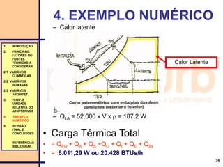 36
4. EXEMPLO NUMÉRICO
1. INTRODUÇÃO
2. PRINCIPAIS
FATORES OU
FONTES
TÉRMICAS A
CONSIDERAR
2.1 VARIÁVEIS
CLIMÁTICAS
2.2 VARIÁVEIS
HUMANAS
2.3 VARIÁVEIS
ARQUITET.
3. TEMP. E
UMIDADE
RELATIVA DO
AR INTERNOS
4. EXEMPLO
NUMÉRICO
5. REVISÃO
FINAL E
CONCLUSÕES
REFERÊNCIAS
BIBLIOGRÁF.
– Calor latente
– QLA = 52.000 x V x  = 187,2 W
Calor Latente
• Carga Térmica Total
• = QFO + QA + QS +QO + QI + QE + QIN
• = 6.011,29 W ou 20.428 BTUs/h
 