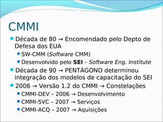 CMMI
Década de 80 → Encomendado pelo Depto de
 Defesa dos EUA
  SW-CMM (Software CMM)
  Desenvolvido pelo SEI – Software Eng. Institute
Década de 90 → PENTÁGONO determinou
 integração dos modelos de capacitação do SEI
2006 → Versão 1.2 do CMMI → Constelações
  CMMI-DEV – 2006 → Desenvolvimento
  CMMI-SVC – 2007 → Serviços
  CMMI-ACQ – 2007 → Aquisições
 