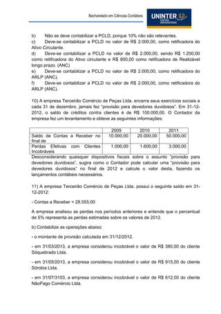 Bacharelado em Ciências Contábeis 
b) Não se deve contabilizar a PCLD, porque 10% não são relevantes. 
c) Deve-se contabilizar a PCLD no valor de R$ 2.000,00, como retificadora do Ativo Circulante. 
d) Deve-se contabilizar a PCLD no valor de R$ 2.000,00, sendo R$ 1.200,00 como retificadora do Ativo circulante e R$ 800,00 como retificadora de Realizável longo prazo. (ANC) 
e) Deve-se contabilizar a PCLD no valor de R$ 2.000,00, como retificadora do ARLP (ANC). 
f) Deve-se contabilizar a PCLD no valor de R$ 2.000,00, como retificadora do ARLP (ANC). 
10) A empresa Terceirão Comércio de Peças Ltda. encerra seus exercícios sociais a cada 31 de dezembro, jamais fez “provisão para devedores duvidosos”. Em 31-12- 2012, o saldo de créditos contra clientes é de R$ 100.000,00. O Contador da empresa fez um levantamento e obteve as seguintes informações: 
2009 
2010 
2011 
Saldo de Contas a Receber no final de 
10.000,00 
20.000,00 
50.000,00 
Perdas Efetivas com Clientes Incobráveis 
1.000,00 
1.600,00 
3.000,00 
Desconsiderando quaisquer dispositivos fiscais sobre o assunto “provisão para devedores duvidosos”, sugira como o Contador pode calcular uma “provisão para devedores duvidosos” no final de 2012 e calcule o valor desta, fazendo os lançamentos contábeis necessários. 
11) A empresa Terceirão Comércio de Peças Ltda. possui o seguinte saldo em 31- 12-2012: 
- Contas a Receber = 28.555,00 
A empresa analisou as perdas nos períodos anteriores e entende que o percentual de 5% representa as perdas estimadas sobre os valores de 2012. 
b) Contabilize as operações abaixo: 
- o montante de provisão calculada em 31/12/2012. 
- em 31/03/2013, a empresa considerou incobrável o valor de R$ 380,00 do cliente Sóquebrado Ltda. 
- em 31/05/2013, a empresa considerou incobrável o valor de R$ 915,00 do cliente Sórolos Ltda. 
- em 31/07/3103, a empresa considerou incobrável o valor de R$ 612,00 do cliente NãoPago Comércio Ltda. 