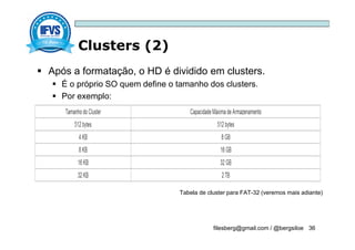 Clusters (2)
filesberg@gmail.com / @bergsiloe 36
 Após a formatação, o HD é dividido em clusters.
 É o próprio SO quem define o tamanho dos clusters.
 Por exemplo:
Tabela de cluster para FAT-32 (veremos mais adiante)
 