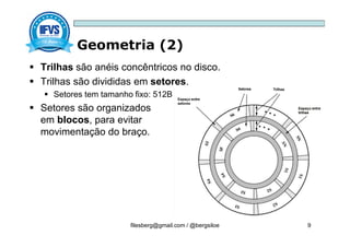 Geometria (2)
filesberg@gmail.com / @bergsiloe 9
 Trilhas são anéis concêntricos no disco.
 Trilhas são divididas em setores.
 Setores tem tamanho fixo: 512B
 Setores são organizados
em blocos, para evitar
movimentação do braço.
 