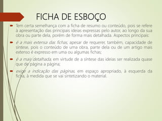FICHA DE ESBOÇO
 Tem certa semelhança com a ficha de resumo ou conteúdo, pois se refere
à apresentação das principais ideias expressas pelo autor, ao longo da sua
obra ou parte dela, porém de forma mais detalhada. Aspectos principais:
 é a mais extensa das fichas, apesar de requerer, também, capacidade de
síntese, pois o conteúdo de uma obra, parte dela ou de um artigo mais
extenso é expresso em uma ou algumas fichas;
 é a mais detalhada, em virtude de a síntese das ideias ser realizada quase
que de página a página;
 exige a indicação das páginas, em espaço apropriado, à esquerda da
ficha, à medida que se vai sintetizando o material.
 