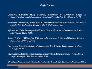 Referências
Carvalho, Christine M.S.; Salomão, Fernando B.; Lourenço, Sérgio R.
Organização e administração do trabalho- Teresópolis- RJ.- Tereart, 2013.
Idalberto Chiavenato, Introdução a Teoria Geral da Administração – 7. ed. Rev. e
atual. - Rio de Janeiro: Elsevier, 2003- 2a.
Reimpressão.
Djalma de Pinho Rebouças de Oliveira, Teoria Geral da Administração. 2. ed..-
São Paulo: Atlas, 2010.
Robert L. Katz, “Skills of an Effective Administrator”, Harvard Business Review,
Jan. / Fev. 1995, p. 33-42.
Heny Mintzberg, The Nature of Managerial Work, Nova York, Harper & Row,
1973, p. 92-93.
Maximiano, Antonio Cesar Amaru. Introdução a Administração. - 7. ed. Rev. e
ampl.-3.reimpr.- São Paulo: Atlas, 2009.
Drucker, Peter. Introdução à administração. 84. ed. SP: Thomson Pioneira, 2007.
 