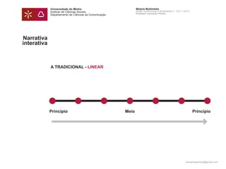 Universidade do Minho                            Módulo Multimédia
             Instituto de Ciências Sociais                    Atelier Audiovisual e Multimédia II - 2011 | 2012
                                                              Professor Leonardo Pereira
             Departamento de Ciências da Comunicação




Narrativa
interativa



             A TRADICIONAL - LINEAR




             Princípio                                 Meio                                                       Princípio




                                                                                                           leonardpeartree@gmail.com
 