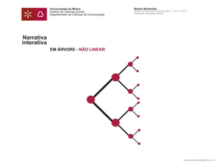 Universidade do Minho                     Módulo Multimédia
             Instituto de Ciências Sociais             Atelier Audiovisual e Multimédia II - 2011 | 2012
                                                       Professor Leonardo Pereira
             Departamento de Ciências da Comunicação




Narrativa
interativa
             EM ÁRVORE - NÃO LINEAR




                                                                                                    leonardpeartree@gmail.com
 