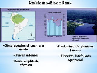 Domínio amazônico - Bioma
•Clima equatorial quente e
úmido
•Chuvas intensas
•Baixa amplitude
térmica
•Predomínio de planícies
fluviais
•Floresta latifoliada
equatorial
 