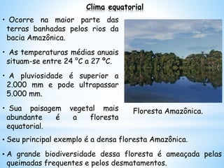 Clima equatorial
• Ocorre na maior parte das
terras banhadas pelos rios da
bacia Amazônica.
• As temperaturas médias anuais
situam-se entre 24 °C a 27 ºC.
• A pluviosidade é superior a
2.000 mm e pode ultrapassar
5.000 mm.
• Sua paisagem vegetal mais
abundante é a floresta
equatorial.
Floresta Amazônica.
• Seu principal exemplo é a densa floresta Amazônica.
• A grande biodiversidade dessa floresta é ameaçada pelas
queimadas frequentes e pelos desmatamentos.
 