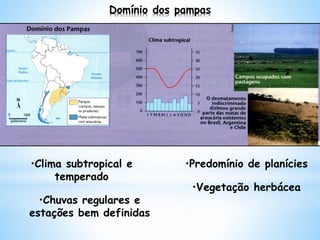 Domínio dos pampas
•Clima subtropical e
temperado
•Chuvas regulares e
estações bem definidas
•Predomínio de planícies
•Vegetação herbácea
 