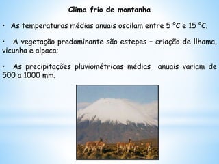 Clima frio de montanha
• As temperaturas médias anuais oscilam entre 5 °C e 15 °C.
• A vegetação predominante são estepes – criação de llhama,
vicunha e alpaca;
• As precipitações pluviométricas médias anuais variam de
500 a 1000 mm.
 