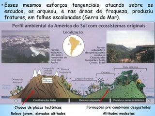Choque de placas tectônicas
Relevo jovem, elevadas altitudes
Formações pré cambriana desgastadas
Altitudes modestas
• Esses mesmos esforços tangenciais, atuando sobre os
escudos, os arqueou, e nas áreas de fraqueza, produziu
fraturas, em falhas escalonadas (Serra do Mar).
 