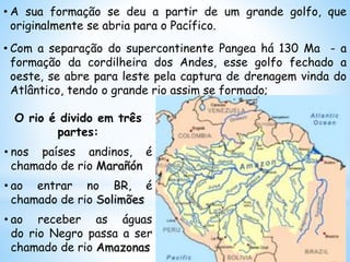 • A sua formação se deu a partir de um grande golfo, que
originalmente se abria para o Pacífico.
• Com a separação do supercontinente Pangea há 130 Ma - a
formação da cordilheira dos Andes, esse golfo fechado a
oeste, se abre para leste pela captura de drenagem vinda do
Atlântico, tendo o grande rio assim se formado;
O rio é divido em três
partes:
• nos países andinos, é
chamado de rio Marañón
• ao entrar no BR, é
chamado de rio Solimões
• ao receber as águas
do rio Negro passa a ser
chamado de rio Amazonas
 