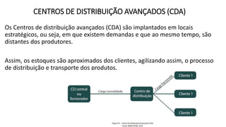 Os Centros de distribuição avançados (CDA) são implantados em locais
estratégicos, ou seja, em que existem demandas e que ao mesmo tempo, são
distantes dos produtores.
Assim, os estoques são aproximados dos clientes, agilizando assim, o processo
de distribuição e transporte dos produtos.
CENTROS DE DISTRIBUIÇÃO AVANÇADOS (CDA)
 