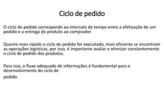 Ciclo de pedido
O ciclo de pedido corresponde ao intervalo de tempo entre a efetivação de um
pedido e a entrega do produto ao comprador.
Quanto mais rápido o ciclo de pedido for executado, mais eficiente se encontram
as operações logísticas, por isso, é importante avaliar e otimizar constantemente
o ciclo de pedido dos produtos.
Para isso, o fluxo adequado de informações é fundamental para o
desenvolvimento do ciclo de
pedido.
 