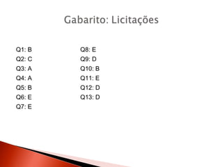 Q1: B Q8: E
Q2: C Q9: D
Q3: A Q10: B
Q4: A Q11: E
Q5: B Q12: D
Q6: E Q13: D
Q7: E
 