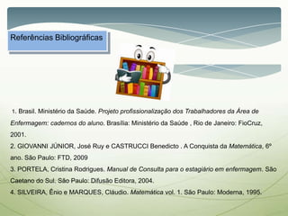 Referências Bibliográficas
1. Brasil. Ministério da Saúde. Projeto profissionalização dos Trabalhadores da Área de
Enfermagem: cadernos do aluno. Brasília: Ministério da Saúde , Rio de Janeiro: FioCruz,
2001.
2. GIOVANNI JÚNIOR, José Ruy e CASTRUCCI Benedicto . A Conquista da Matemática, 6º
ano. São Paulo: FTD, 2009
3. PORTELA, Cristina Rodrigues. Manual de Consulta para o estagiário em enfermagem. São
Caetano do Sul. São Paulo: Difusão Editora, 2004.
4. SILVEIRA, Ênio e MARQUES, Cláudio. Matemática vol. 1. São Paulo: Moderna, 1995.
 