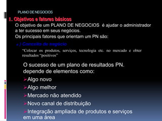 1. Objetivos e fatores básicos
O objetivo de um PLANO DE NEGOCIOS é ajudar o administrador
a ter sucesso em seus negócios.
Os principais fatores que orientam um PN são:
a ) Conceito de negócio
“Colocar os produtos, serviços, tecnologia etc. no mercado e obter
resultados “positivos”
O sucesso de um plano de resultados PN.
depende de elementos como:
Algo novo
Algo melhor
Mercado não atendido
Novo canal de distribuição
Integração ampliada de produtos e serviços
em uma área
PLANODENEGOCIOS
 