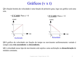 Cinemática escalar - Colégio de São José / 2023 15
Gráficos (v x t)
 A função horária da velocidade é uma função do primeiro grau, logo seu gráfico será uma
reta.
• 1° CASO: Para a > 0
Acelerado
• 2° CASO: Para a < 0
Retardado
 O gráfico da velocidade em função do tempo no movimento uniformemente variado é
sempre uma reta ascendente ou descendente.
 A velocidade nesse tipo de movimento está sujeita a uma aceleração ou desaceleração de
módulo constante.
 