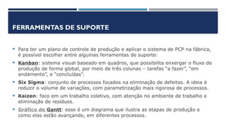 FERRAMENTAS DE SUPORTE
 Para ter um plano de controle de produção e aplicar o sistema de PCP na fábrica,
é possível escolher entre algumas ferramentas de suporte:
 Kanban: sistema visual baseado em quadros, que possibilita enxergar o fluxo de
produção de forma global, por meio de três colunas – tarefas “a fazer”, “em
andamento”, e “concluídas”.
 Six Sigma: conjunto de processos focados na eliminação de defeitos. A ideia é
reduzir o volume de variações, com parametrização mais rigorosa de processos.
 Kaizen: foco em um trabalho coletivo, com atenção no ambiente de trabalho e
eliminação de resíduos.
 Gráfico de Gantt: esse é um diagrama que ilustra as etapas de produção e
como elas estão avançando, em diferentes processos.
 