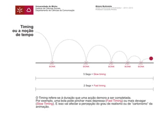Universidade do Minho
Instituto de Ciências Sociais
Departamento de Ciências da Comunicação
Módulo Multimédia
Atelier Audiovisual e Multimédia I - 2013 | 2014
Professor Leonardo Pereira
Timing
ou a noção
de tempo
O Timing refere-se à duração que uma acção demora a ser completada.
Por exemplo, uma bola pode pinchar mais depressa (Fast Timing) ou mais devagar
(Slow Timing). E isso vai afectar a percepção do grau de realismo ou de “cartonismo” da
animação.
BOINK BOINK BOINK BOINK BOINK
5 Segs = Slow timing
2 Segs = Fast timing
 