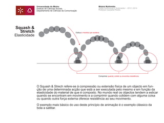 Universidade do Minho
Instituto de Ciências Sociais
Departamento de Ciências da Comunicação
Módulo Multimédia
Atelier Audiovisual e Multimédia I - 2013 | 2014
Professor Leonardo Pereira
Squash &
Stretch
Elasticidade
O Squash & Strech refere-se à compressão ou extensão física de um objecto em fun-
ção de uma determinada acção que está a ser executada pelo mesmo e em função da
elasticidade do material de que é composto. No mundo real os objectos tendem a esticar
quando se encontram em movimento e a comprimir quando colidem com alguma coisa
ou quando outra força externa oferece resistência ao seu movimento.
O exemplo mais básico do uso deste princípio de animação é o exemplo clássico da
bola a saltitar.
Estica à medida que acelera
Comprime quando colide ou encontra resistência
 