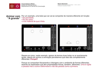 Universidade do Minho
Instituto de Ciências Sociais
Departamento de Ciências da Comunicação
Módulo Multimédia
Atelier Audiovisual e Multimédia I - 2013 | 2014
Professor Leonardo Pereira
Animar com
“A grande“
Por um exemplo, uma bola que cai vai-se comportar de maneira diferente em função:
• Da gravidade;
• Do seu peso;
• e do material de que é feita.
Repare-se como, neste exemplo, apesar de termos duas bolas no ar exactamente
iguais, depois de vermos a animação percebemos que elas são completamente
diferentes. Porquê?
Porque se comportam fisicamente e interagem com o ambiente de formas diferentes
dizendo ao espectador que têm propriedades físicas, também, diferentes. Uma é rígida
e pesada mas a outra é deformável e não tão pesada como a primeira.
 