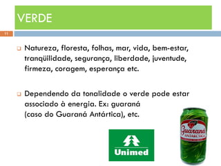 VERDE
11



        Natureza, floresta, folhas, mar, vida, bem-estar,
         tranqüilidade, segurança, liberdade, juventude,
         firmeza, coragem, esperança etc.

        Dependendo da tonalidade o verde pode estar
         associado à energia. Ex: guaraná
         (caso do Guaraná Antártica), etc.
 