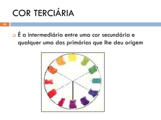COR TERCIÁRIA
24



        É a intermediária entre uma cor secundária e
         qualquer uma das primárias que lhe deu origem
 