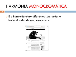 HARMONIA MONOCROMÁTICA
29



        É a harmonia entre diferentes saturações e
         luminosidades de uma mesma cor.
 