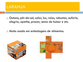 LARANJA
9



       Outono, pôr-do-sol, calor, luz, raios, robustez, euforia,
        alegria, apetite, prazer, senso de humor e etc.

       Muito usada em embalagens de alimentos.
 