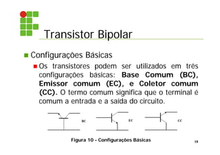 Transistor Bipolar
18
 Configurações Básicas
 Os transistores podem ser utilizados em três
configurações básicas: Base Comum (BC),
Emissor comum (EC), e Coletor comum
(CC). O termo comum significa que o terminal é
comum a entrada e a saída do circuito.
Figura 10 - Configurações Básicas
 