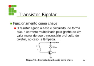 Transistor Bipolar
26
 Funcionamento como chave
 O resistor ligado a base é calculado, de forma
que, a corrente multiplicada pelo ganho dê um
valor maior do que o necessário o circuito do
coletor, no caso, a lâmpada.
Figura 13 – Exemplo de utilização como chave
 