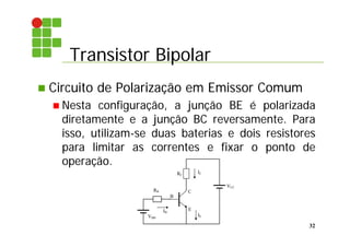 Transistor Bipolar
32
 Circuito de Polarização em Emissor Comum
 Nesta configuração, a junção BE é polarizada
diretamente e a junção BC reversamente. Para
isso, utilizam-se duas baterias e dois resistores
para limitar as correntes e fixar o ponto de
operação.
E
B
C
IB
IC
VCC
VBB
RB
RC
IE
 