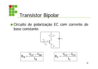 Transistor Bipolar
35
 Circuito de polarização EC com corrente de
base constante
E
B
C
IB
IC
VCC
RB
RC
IE
R
V V
I
B
CC BE
B


R
V V
I
C
CC CE
C


 