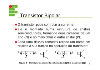 Transistor Bipolar
7
 O transistor pode controlar a corrente;
 Ele é montado numa estrutura de cristais
semicondutores, formando duas camadas de um
tipo (N) e no meio delas o outro cristal (P);
 Cada uma dessas camadas recebe um nome em
relação à sua função na operação do transistor;
Figura 3 - Transistor da esquerda é chamado de NPN e o outro de PNP
 