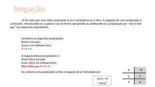 Negação
Já foi visto que uma dada proposição p ou é verdadeira ou é falsa. A negação de uma proposição é
construída, introduzindo-se a palavra não de forma apropriada ou prefixando-se a proposição por “não é fato
que” (ou expressão equivalente).
Considere as seguintes proposições:
Brasil é um país;
Linux é um software livre;
3 + 4 > 5.
A negação dessas proposições é:
Brasil não é um país;
Linux não é um software livre;
Não é fato que 3 + 4 > 5.
Se p denota uma proposição, então a negação de p é denotada por:
¬p ou p
∼
“não p”
 
