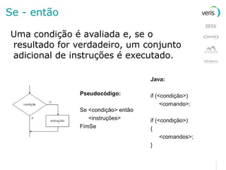 Se - então Uma condição é avaliada e, se o resultado for verdadeiro, um conjunto adicional de instruções é executado . Pseudocódigo: Se <condição> então <instruções> FimSe Java: if (<condição>) <comando>; if (<condição>) { <comandos>; } 