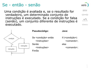 Se - então - senão Uma condição é avaliada e, se o resultado for verdadeiro, um determinado conjunto de instruções é executado. Se a condição for falsa (senão), um conjunto diferente de instruções é executado.   Pseudocódigo: Se <condição> então <instruções> Senão <instruções> FimSe Java: if (<condição>) <comando>; else <comando>; 