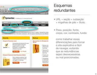 Esquemas
redundantes

• URL + seção + subseção
  + migalhas de pão + título;


• Peso, posição, fonte,
  corpo, cor, contraste, fundo:

 como trabalhar essas
 diferenciações para tornar
 o site explicativo e fácil
 de navegar, evitando
 que as redundâncias
 sejam desnecessárias
 ou mal posicionadas.




                                  15
 