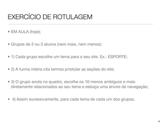 EXERCÍCIO DE ROTULAGEM

• EM AULA (hoje);


• Grupos de 2 ou 3 alunos (nem mais, nem menos);


• 1) Cada grupo escolhe um tema para o seu site. Ex.: ESPORTE;


• 2) A turma inteira cita termos p/rotular as seções do site;


• 3) O grupo anota no quadro, escolhe os 10 menos ambíguos e mais
  diretamente relacionados ao seu tema e esboça uma árvore de navegação;


• 4) Assim sucessivamente, para cada tema de cada um dos grupos.




                                                                           18
 