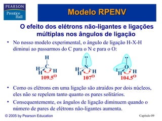 Modelo RPENV
O efeito dos elétrons não-ligantes e ligações
múltiplas nos ângulos de ligação
• No nosso modelo experimental, o ângulo de ligação H-X-H
diminui ao passarmos do C para o N e para o O:
H
H C H
H
109.5O

H N H
H
107O

O

H
H
104.5O

• Como os elétrons em uma ligação são atraídos por dois núcleos,
eles não se repelem tanto quanto os pares solitários.
• Consequentemente, os ângulos de ligação diminuem quando o
número de pares de elétrons não-ligantes aumenta.
© 2005 by Pearson Education

Capítulo 09

 