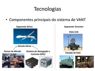 Tecnologias
• Componentes principais do sistema de VANT
Segmento Aéreo Segmento Terrestre
Veículo Aéreo
Sensor de Missão Sistema de Navegação e
Controle (SNC)
Data Link
Estação de Solo
 
