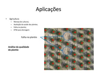 Aplicações
• Agricultura
– Manejo de culturas;
– Avaliação da saúde das plantas;
– Falha no plantio;
– DTM para drenagem
Análise da qualidade
do plantio
Falha no plantio
 