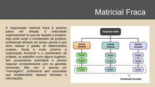 Matricial Fraca
A organização matricial fraca é próximo
passo em direção à maturidade
organizacional no que diz respeito a projetos.
Aqui pode surgir o coordenador de projetos,
profissional alocado em tempo parcial e que
deve realizar a gestão de determinados
projetos. Ainda é muito próxima a
organização funcional e o coordenador de
projetos, ou expeditor como alguns sugerem,
tem pouquíssima autoridade e precisa
negociar constantemente com os gerentes
funcionais. Não raro é apenas um
"mensageiro", profissional sem autoridade
que simplesmente repassa decisões e
informações.
 