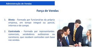 Administração de Vendas
Força de Vendas
1. Direta - Formada por funcionários da própria
empresa, em tempo integral ou parcial,
internos e de campo.
2. Contratada - Formada por representantes
comerciais, vendedores autônomos ou
corretores, que recebem comissões com base
nas vendas.
 