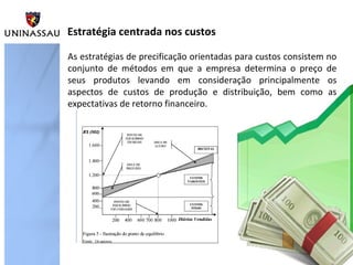 Estratégia centrada nos custos
As estratégias de precificação orientadas para custos consistem no
conjunto de métodos em que a empresa determina o preço de
seus produtos levando em consideração principalmente os
aspectos de custos de produção e distribuição, bem como as
expectativas de retorno financeiro.

 
