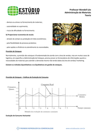Professor Wendell Léo
Administração de Materiais
Teoria
- demora ou atraso no fornecimento de materiais;
- sazonalidade no suprimento;
- riscos de dificuldade no fornecimento.
b) Proporcionar economias de escala:
- através da compra ou produção em lotes econômicos;
- pela flexibilidade do processo produtivo;
- pela rapidez e eficiência no atendimento às necessidades.
Previsão de Estoques
Normalmente, a previsão dos estoques é fundamentada de acordo com a área de vendas, mas em muitos casos de
logística, em específico a Administração de Estoques, precisa prover os fornecedores de informações quanto a
necessidades de materiais para atender a demanda mesmo não tendo dados da área de vendas/ marketing.
Existem os métodos Quantitativos e os Qualitativos em gestão de estoques.

Previsão de Estoques – Gráficos de Evolução de Consumo

Evolução de Consumo Horizontal

3

É PROIBIDO REPRODUZIR OU COMERCIALIZAR

www.estudioaulas.com.br

 