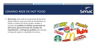 CENÁRIO: REDE DE FAST FOOD
 Descrição: Uma rede de restaurantes de fast food
deseja melhorar seus processos de atendimento ao
cliente e cozinha. Os alunos podem modelar o
processo de pedidos no balcão, preparação de
alimentos, gerenciamento de estoque de
ingredientes e entrega de pedidos para otimizar
o tempo de espera e a qualidade do serviço.
 