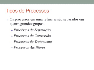 Tipos de Processos
● Os processos em uma refinaria são separados em
quatro grandes grupos:
– Processos de Separação
– Processos de Conversão
– Processos de Tratamento
– Processos Auxiliares
 